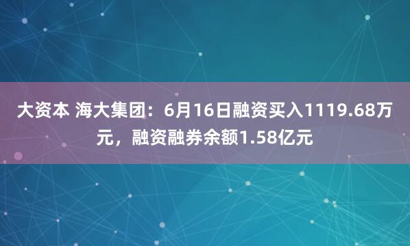 大资本 海大集团：6月16日融资买入1119.68万元，融资融券余额1.58亿元